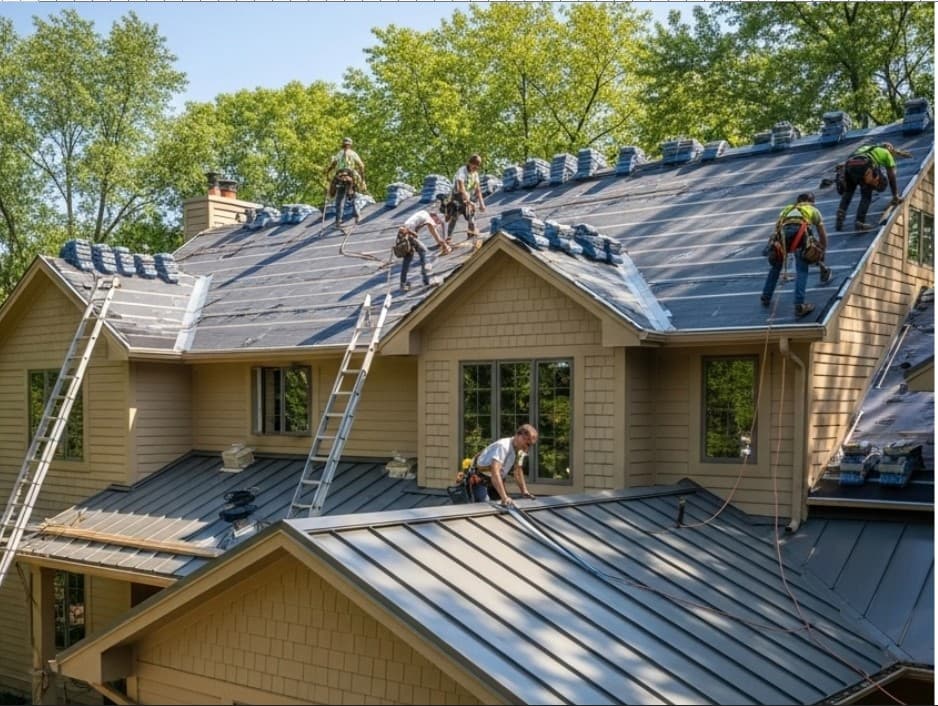 Residential roof and exterior — metal panel, shingle, or hybrid systems vary by project; we source steel and aluminum lines from established manufacturers