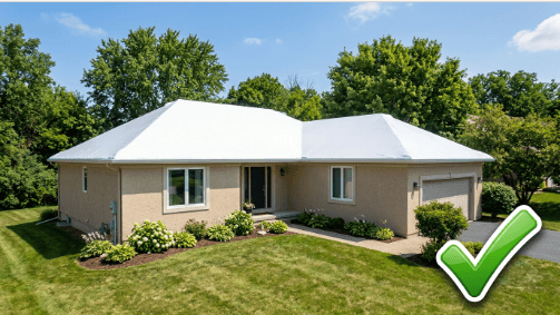Minnesota home with white form-fitted shrink-wrap style roof cover following every plane — professional temporary storm barrier