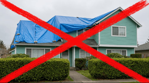 Home with a loose blue tarp and red X overlay — traditional tarping fails quickly in Minnesota wind and weather